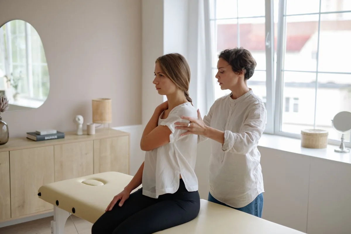 Massagem na região dos ombros em mulher sentada e vestida